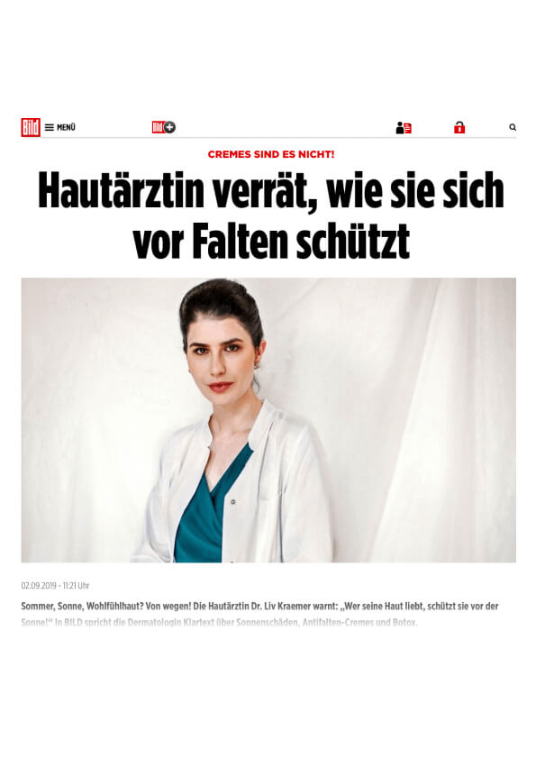 Board certified dermatologist and longevity skincare expert Dr. Liv Kramer is on a big picture in a white lab coat on the Bild online magazine article about wrinkles.