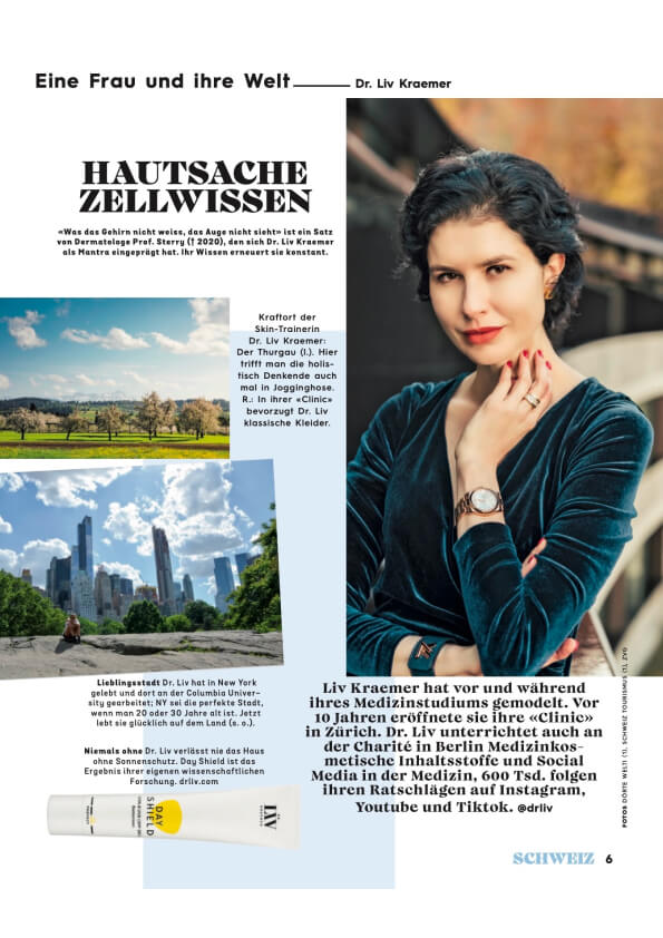 Article form magazine "Brigitte" with a profile on board certified dermatologist and skin longevity expert Dr. Liv Kraemer.