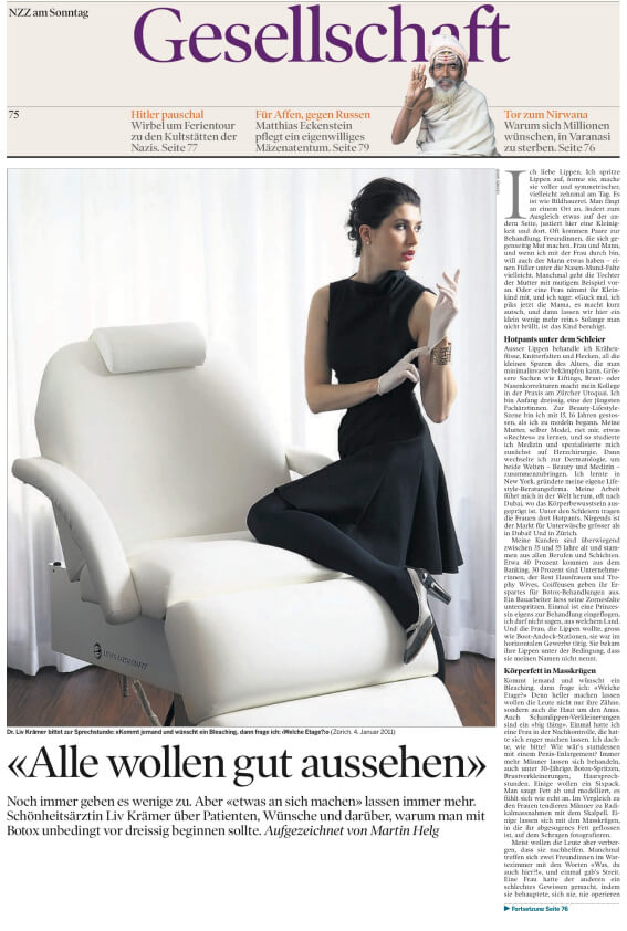 Nzz am Sonntag newspaper featuring board certified dermatologist and longevity skincare expert Dr. Liv Kramer with an interview about skin longevity