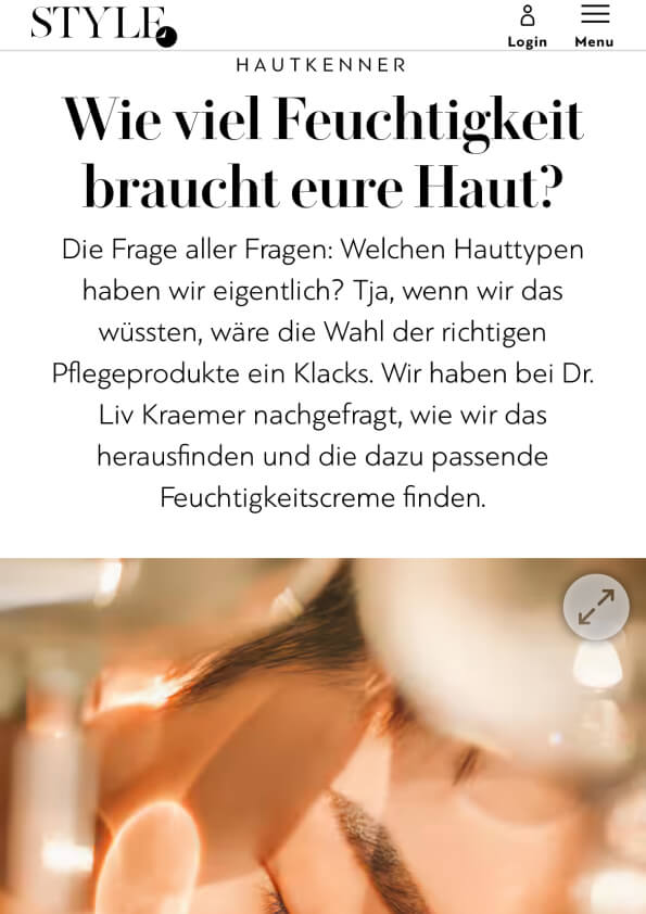 A Style online article featuring board certified dermatologist and longevity skincare expert Dr. Liv Kramer talking about several skincare topics.