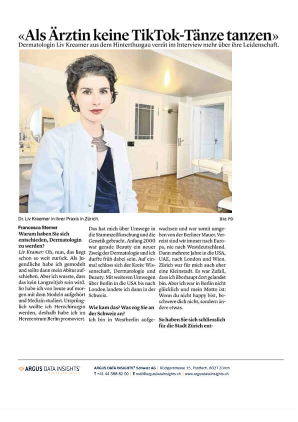 News Paper article of "Thurgauer Zeitung" shows board certified dermatologist and skincare longevity expert Dr. Liv Kraemer.