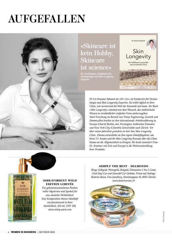 An online magazine article from Women in Business featuring board certified dermatologist and longevity skincare expert Dr. Liv Kraemer and her skincare book "Skin Longevity"
