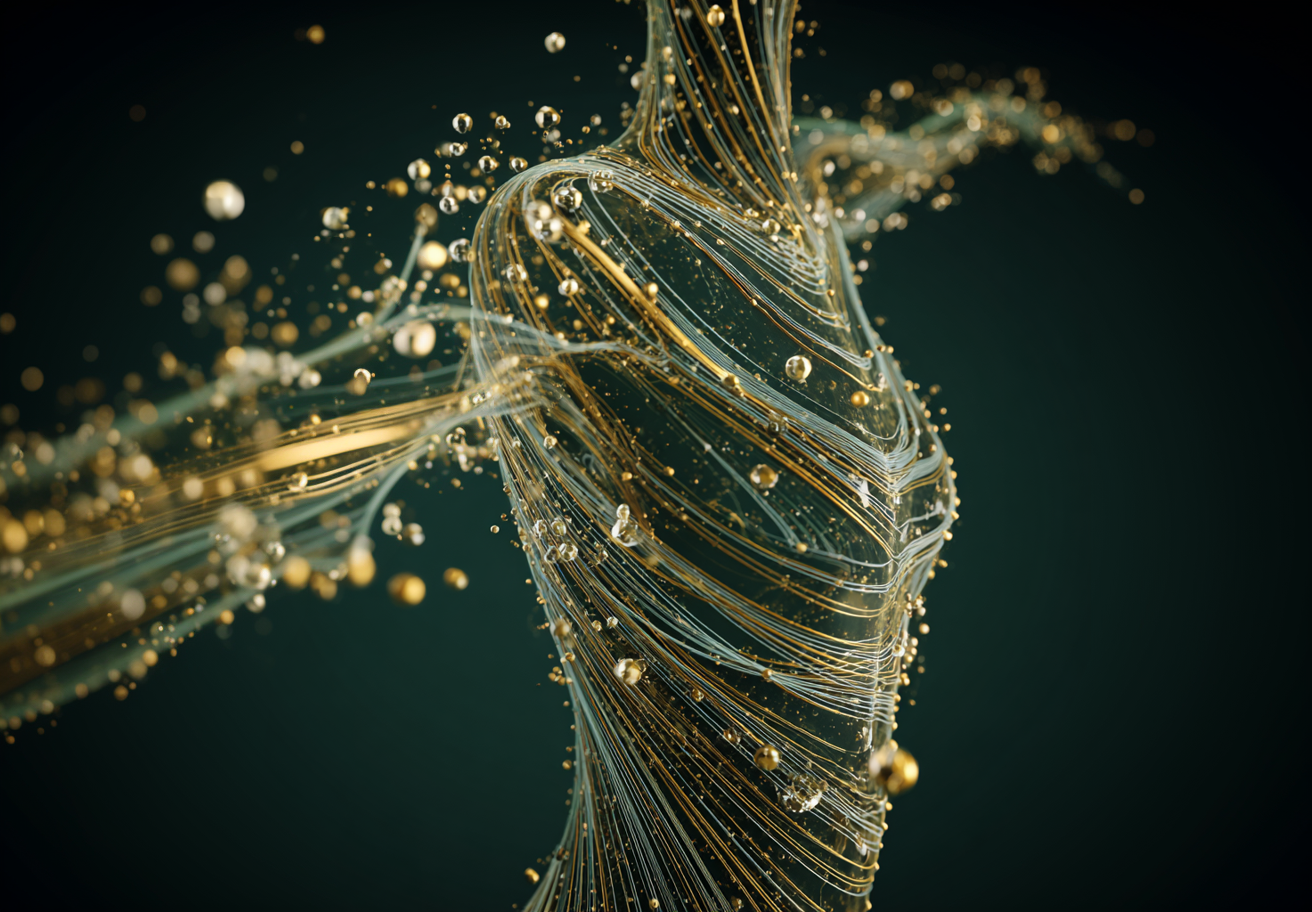 The Dr. Liv Kraemer Skincare owned abstract visualization with strings and droplets in form of a torso is shown in front of a greenish black background.