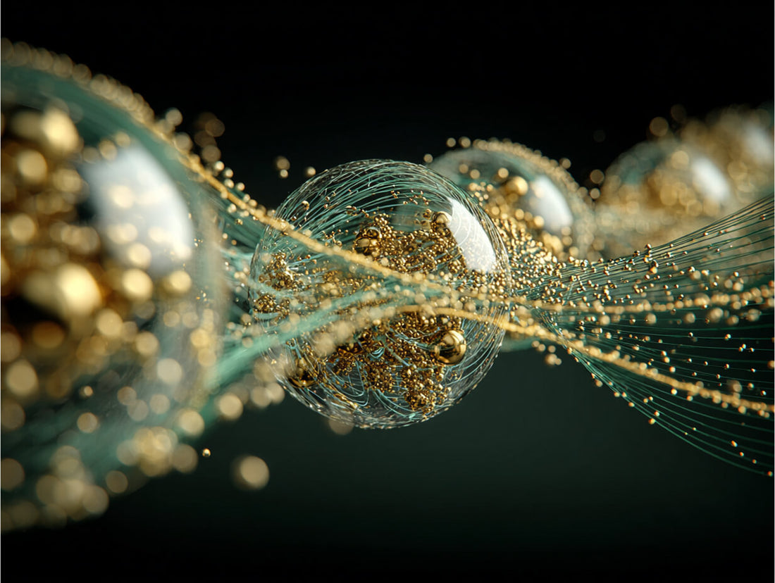 Dr. Liv Kraemer skincare owned depiction of an artistic representation of droplets within a string construct with gold and blue elements on a black background