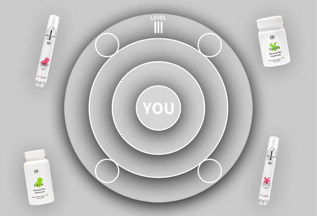 Dr. Liv Kraemer Skincare Method Logo LEVEL III shown with the You in the middle, the Boosters and Supplements around it and a grey, blurred background.
