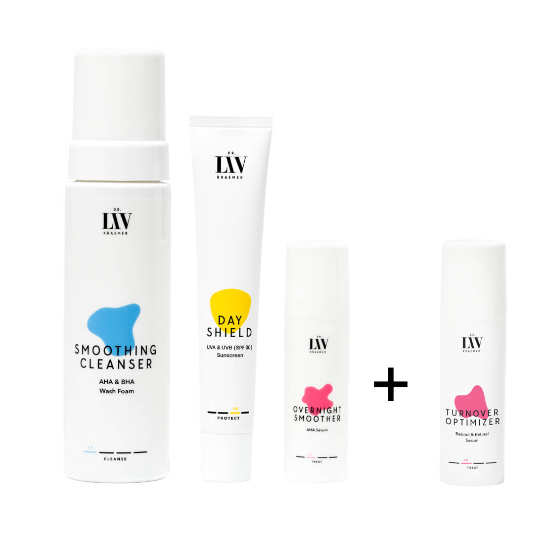 The LEVEL II Set developed by board certified dermatologist and skin longevity expert Dr. Liv Kraemer featuring the Smoothing Cleanser AHA&BHA Wash Foam, as well as the Day Shield UVA&UBV (SPF30) Sunscreen, the Overnight Smoother AHA Serum and the Turnover optimizer Retinol&Retinal Serum.