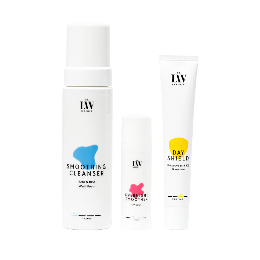 The LEVEL I Set including the Smoothing Cleanser AHA&BHA Wash Foam, the Overnight Smoother AHA Serum and the Day Shield UVA&UVB (SPF 30) Sunscreen developed by board certified dermatologist and skincare longevity expert Dr. Liv Kraemer