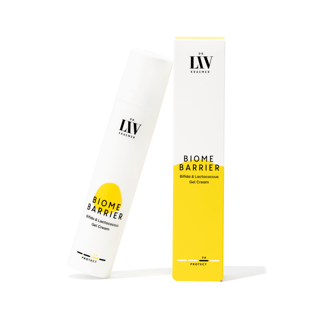 Biome Barrier Probiotic Cream with Lactococcus Lysate that repairs the skin barrier and strengthens it. Fermented Ingredients. Developed by Dr. Liv Kraemer. Barrier Repair cream for sensitive skin