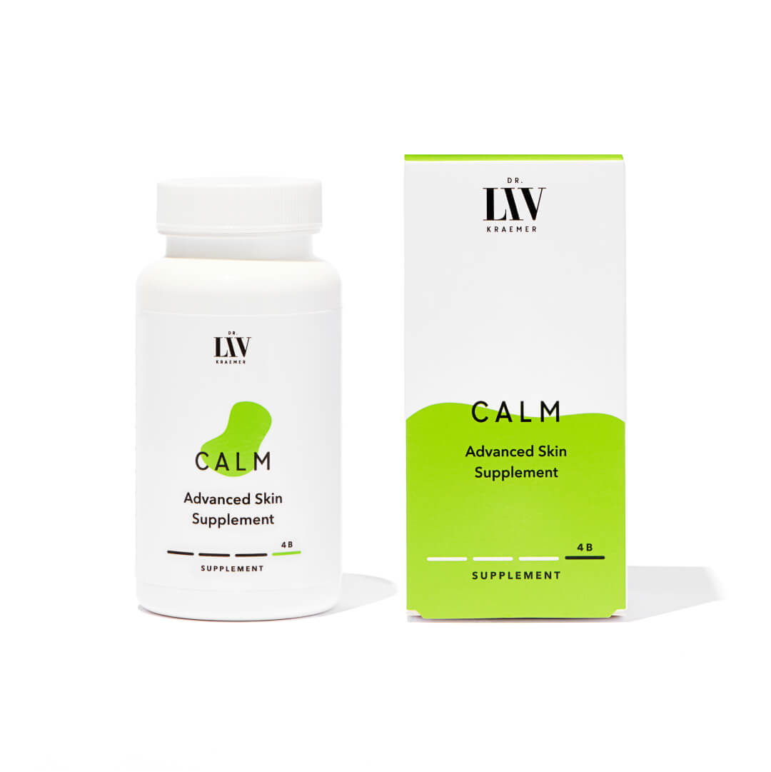 A bottle and box of board certified dermatologist Dr. Liv Kraemers Calm Advanced Skin Supplement, with a predominantly white bottle and green text, against a white background.