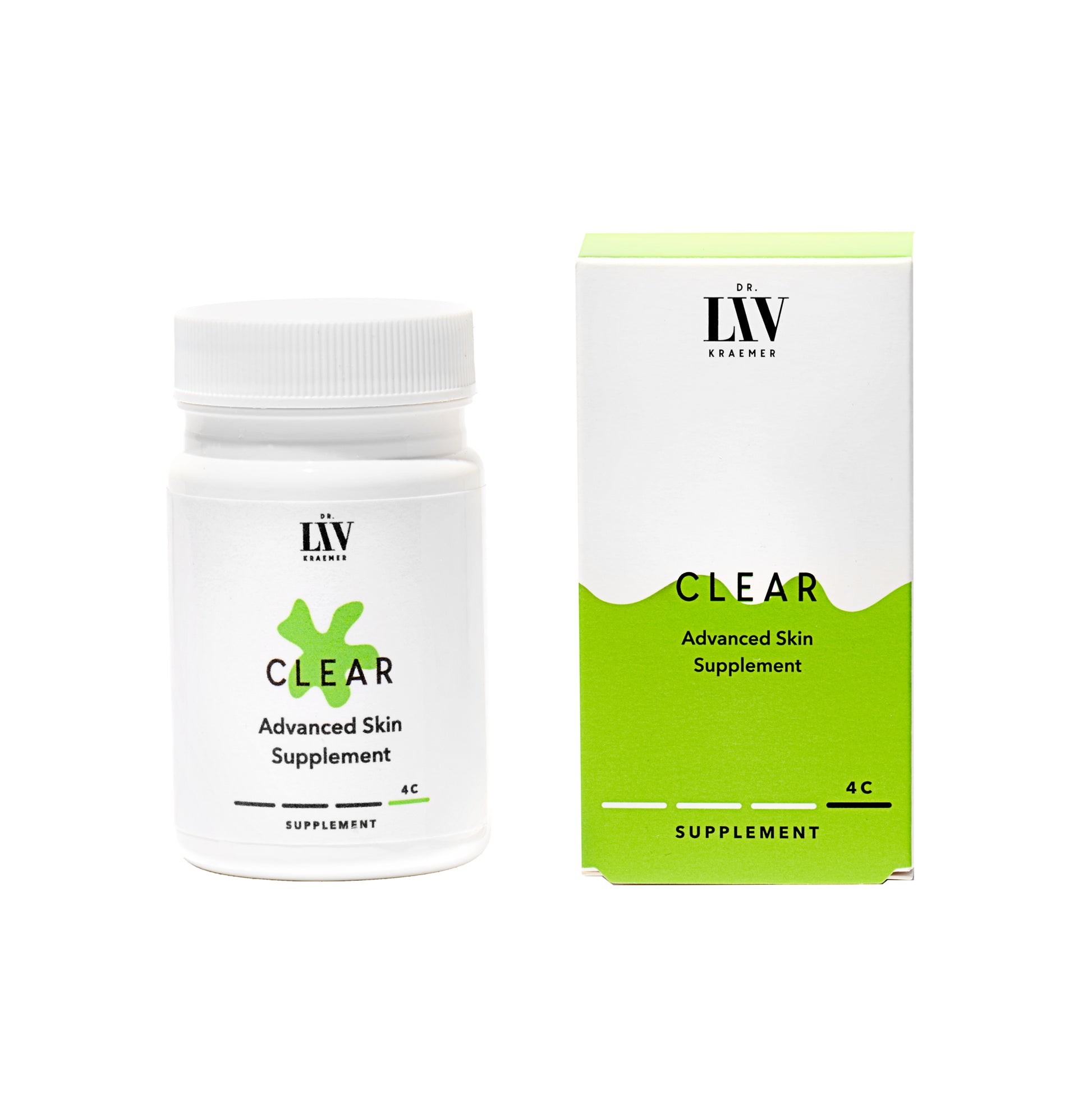 The Clear Advanced Skin Supplement developed by board certified dermatologist and skincare longevity expert Dr. Liv Kraemer standing in front of a white background.