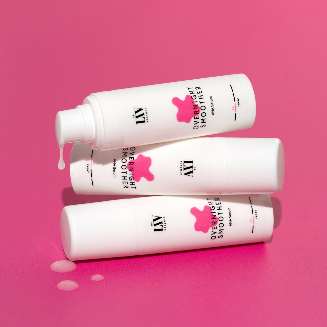 Overnight Smoother AHA Fruitacid Serum for dry skin, fine lines, small pimples, rough skin with anti-aging effect. Stimulates collagen production. Made by Dr. Liv Kraemer