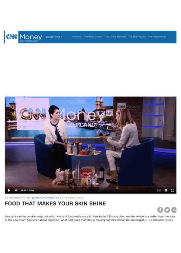 CNN Money segment with board certified dermatologist and longevity skincare expert Dr. Liv Kramer discussing skin food on a studio set.