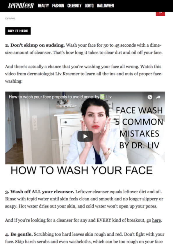 A Seventeen online magazine article featuring board certified dermatologist and longevity skincare expert Dr. Liv Kramer with her advice on a healthy skincare routine.