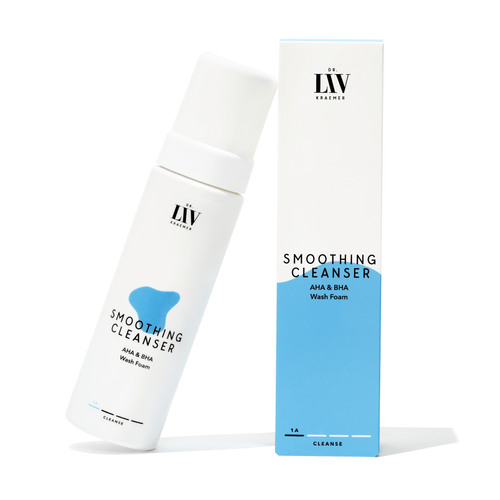 Best selling cleanser Smoothing Cleanser is a AHA BHA wash foam suitable for all skin types. Cleanser for dry skin, dark spots, rosacea-prone skin, acne-prone skin. Developed by dermatologist Dr. Liv Kraemer in Switzerland. Swiss skincare brand.