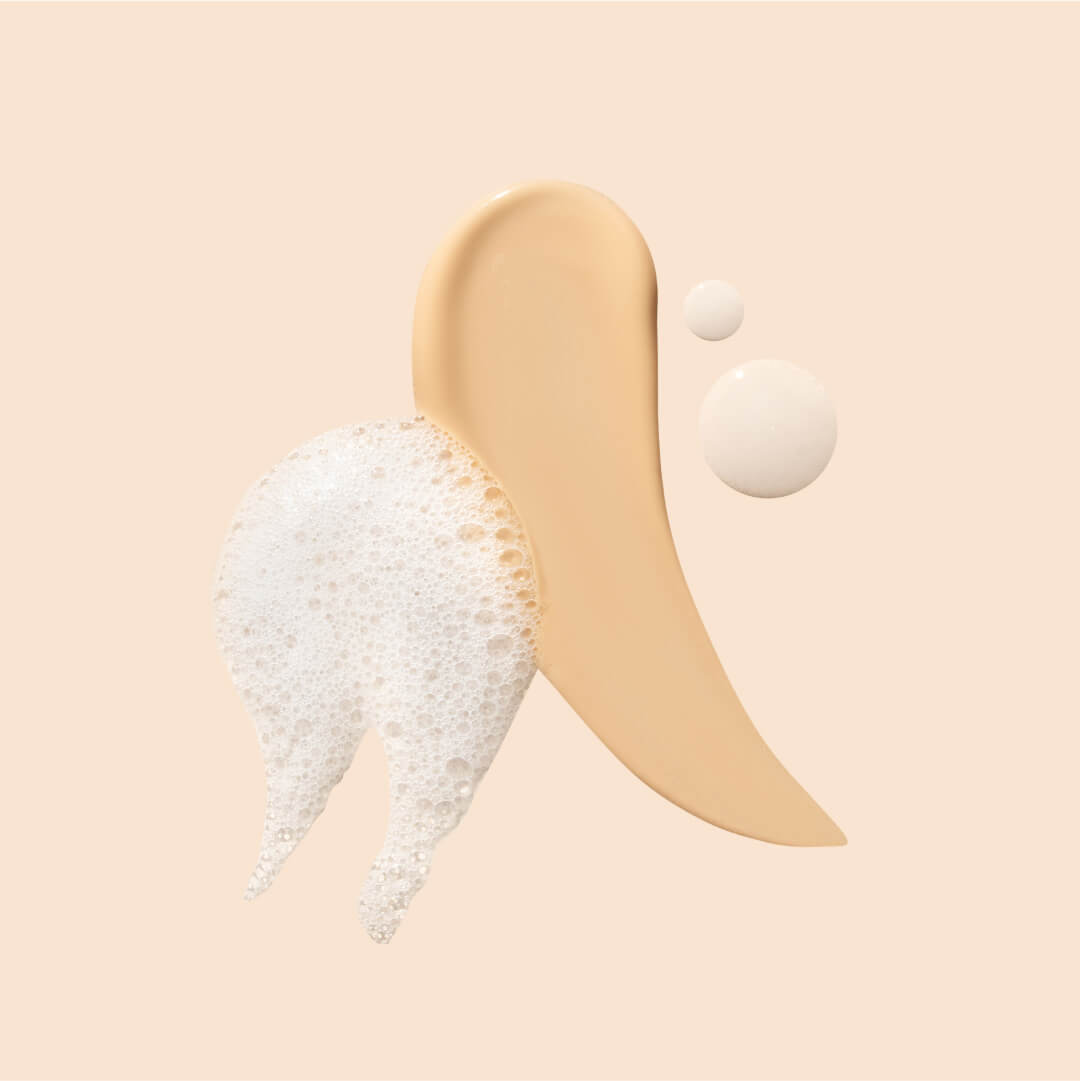 Product textures of the Smoothing Cleanser, the Day Shield and the Overnight Smoother developed by board certified dermatologist and skincare longevity expert Dr. Liv Kramer in front of a beige background