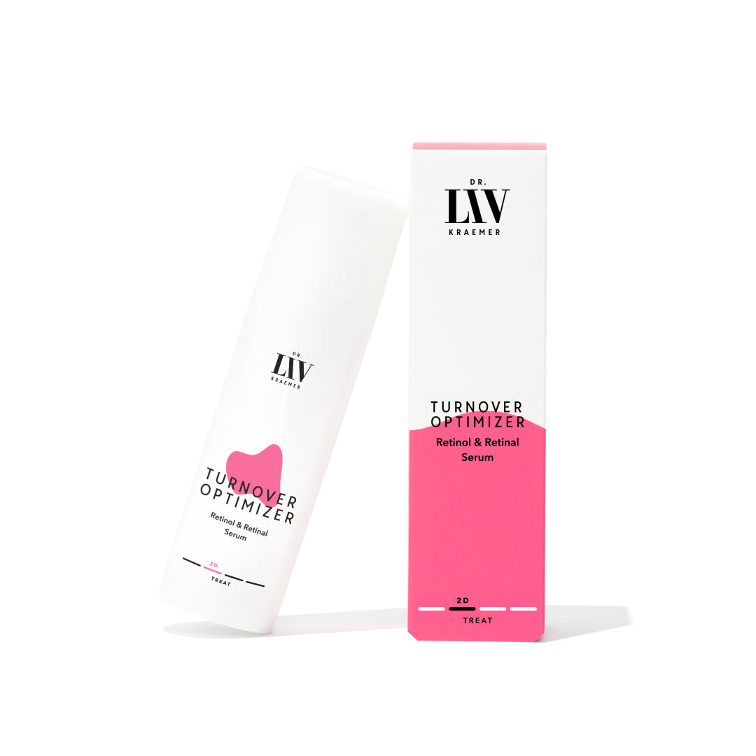 A standing bottle and packing box of the Turnover Optimizer Retinol & Retinal Serum developed by board certified dermatologist and skincare longevity expert Dr. Liv Kraemer, against a white background.