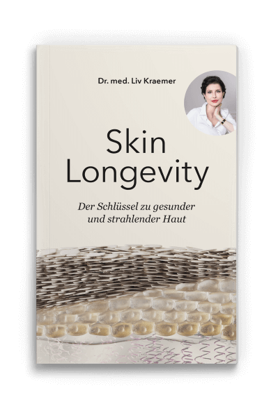 "Skin Longevity - Der Schlüssel zu gesunder und strahlender Haut" is a book written by skin longevity expert and dermatologist Dr. Liv Kraemer, which explains how the skin works from acne and redness to blemishes, wrinkles, botox, hair removal and its effects on the skin, and much more. 